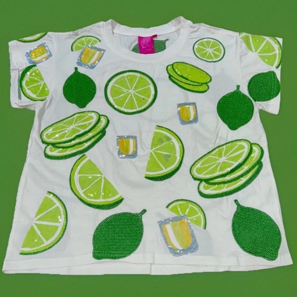 QUEEN OF SPARKLES Tops - 🍋‍🟩NWOT Queen Of Sparkles XS Sequined Lime And Tequila Tee